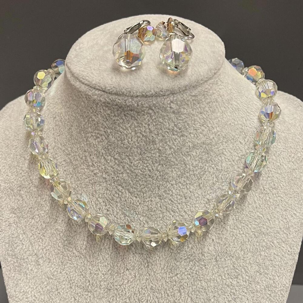 Vintage Hobé 1950/60s Aurora Borealis Crystal Bead Necklace and Earrings Set